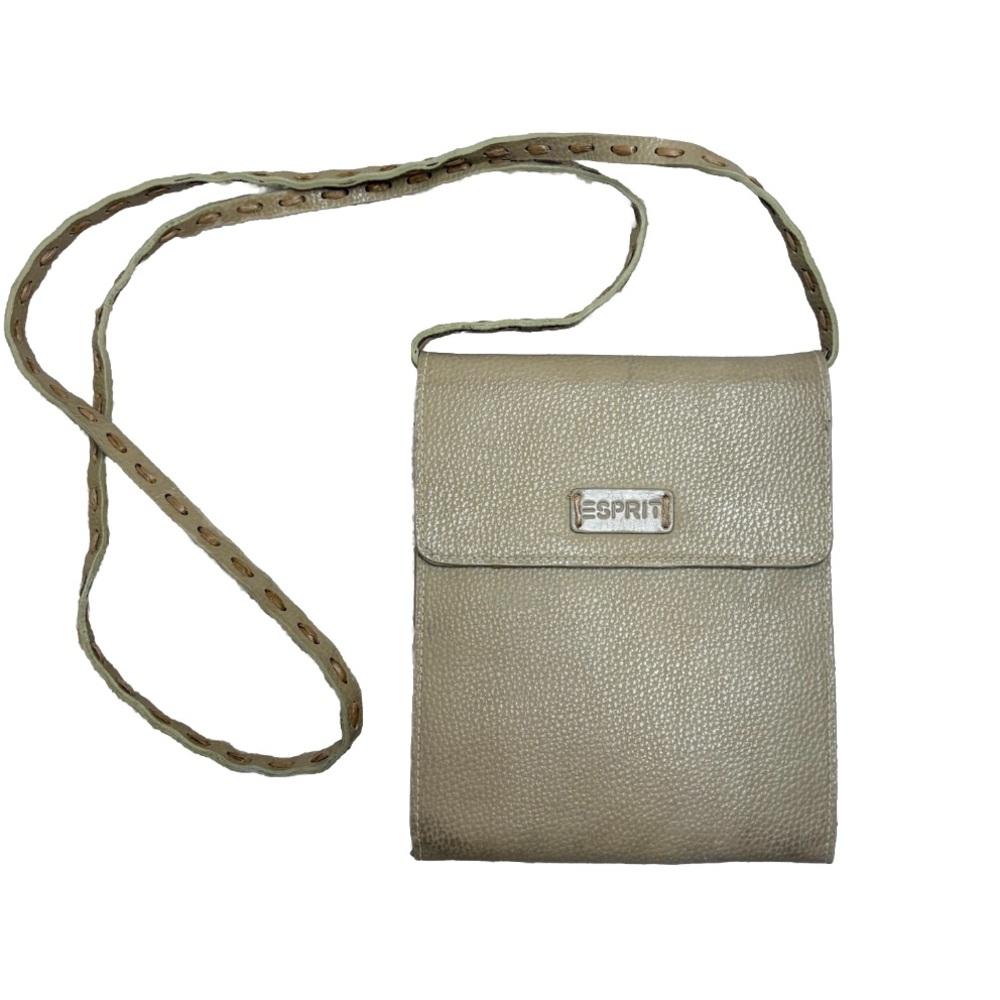 Vintage Y2K Esprit Beige Pebble Leather Crossbody Purse Raffia Stitch Detail